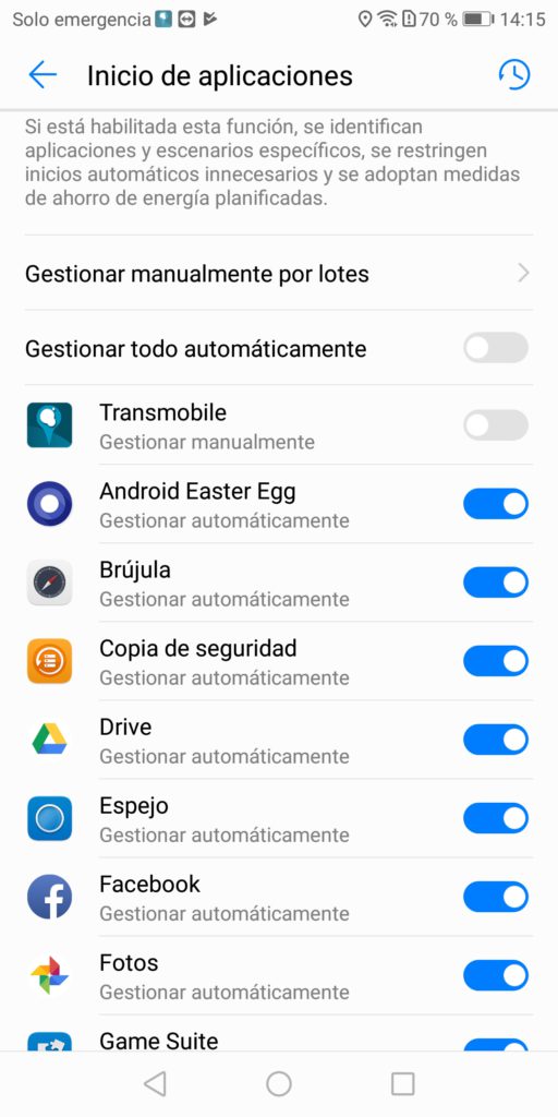 Huawei, Inicio de aplicaciones, Gestionar manualmente Transmobile GPS